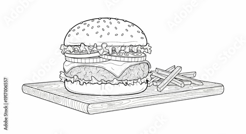 A detailed line drawing of a classic hamburger with fries on a wooden board