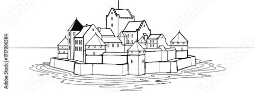 A detailed line drawing of a fortified castle complex surrounded by water