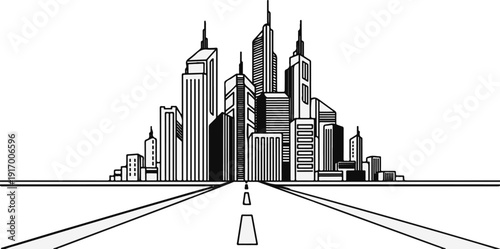 A linear black and white drawing of a modern city skyline with a road leading to it