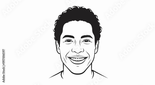 A line-art drawing of a smiling young man with curly hair