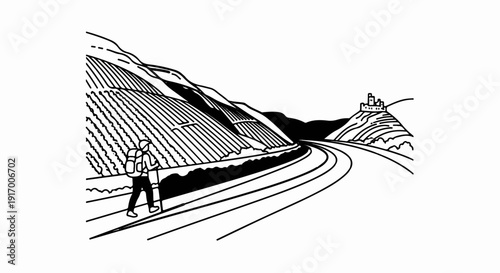 A lone backpacker walks along a winding road with terraced hills and a distant castle