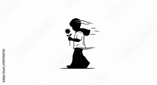 A lone child in silhouette holds a single flower against a stark white background