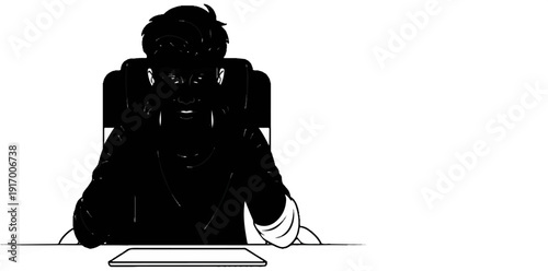 A person with dark hair, sitting in a chair, looks at a flat object