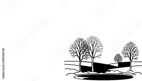 A simple black and white sketch of bare trees near a body of water on rolling hills