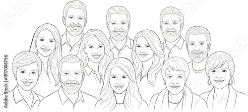 A group portrait sketch of smiling men, women, and an older woman