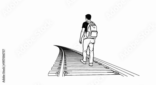 A person with a backpack stands on a train track