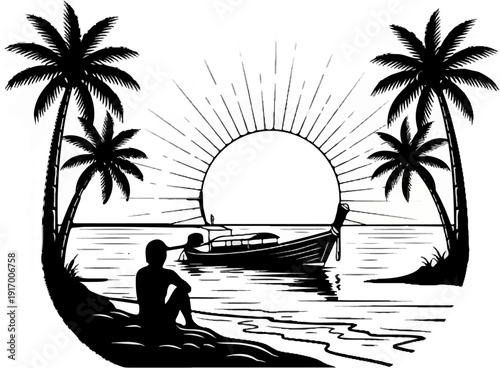 A lone figure sits on a tropical beach watching a boat with palm trees and a sun