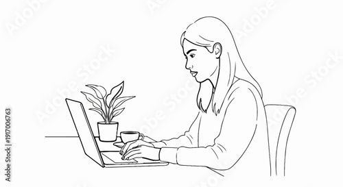 A person works on a laptop with a plant and coffee cup nearby