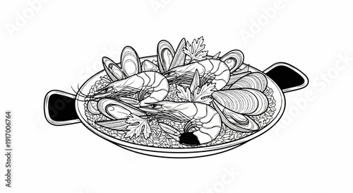 A detailed line drawing of a seafood dish in a pan with rice, shrimp, and mussels