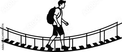A lone hiker traverses a rope bridge, carrying a backpack