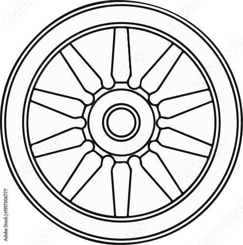 A detailed line drawing of a spoked wheel with a thick rim
