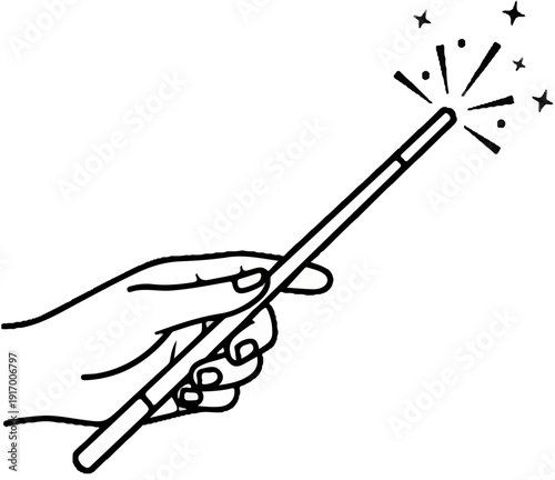 A hand holding a wand, with magical sparks emanating