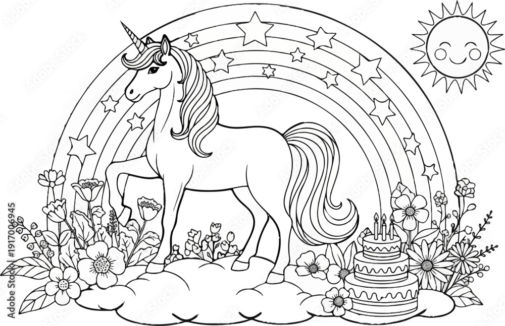 Obraz premium A magical unicorn stands on clouds with flowers, rainbow, stars, and cake