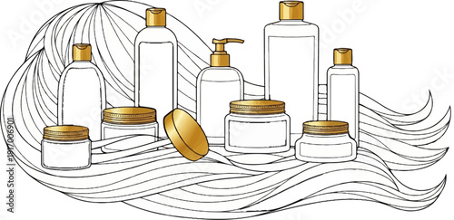 A collection of bottles, jars, and a bar of soap with golden lids