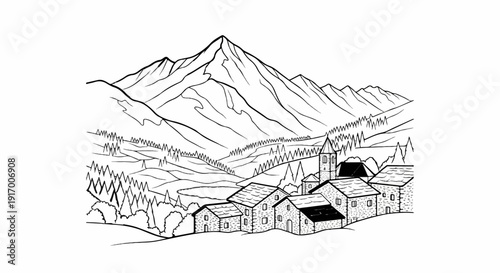 A picturesque village nestles at the base of imposing, snow-capped mountains