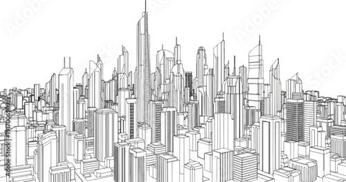 A detailed line drawing of a sprawling futuristic city skyline with diverse skyscrapers