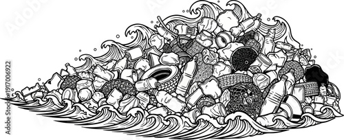 A pile of assorted waste products, including bottles, cans, and a tire, floats amidst wavy ocean water