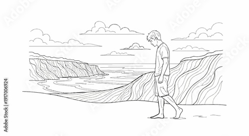 A lone young person walks by a dramatic coastline with rolling waves and cliffs