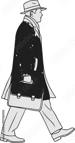 A man in a hat and overcoat walks carrying a messenger bag