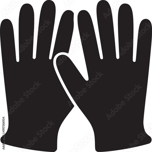 A graphic illustration of two black gloves overlapping on a white background with visible fingers