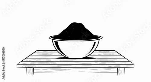 A pile of dark material sits in a bowl on a wooden table