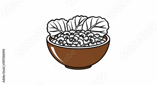 A brown bowl overflows with white beans and two green leaves
