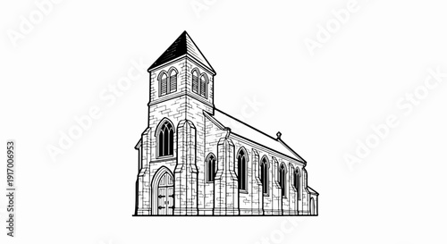 A detailed line drawing of a stone church with a prominent tower