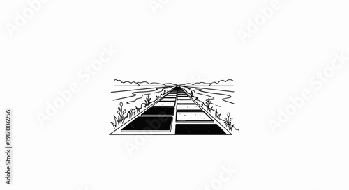 A long perspective pathway of alternating dark and light squares leads to the horizon