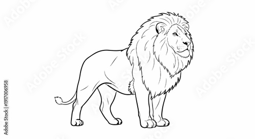 A majestic lion with a full mane stands proudly, its gaze focused ahead