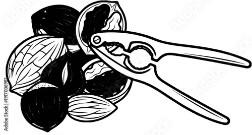 A pile of nuts, some cracked open, with a nutcracker about to open one