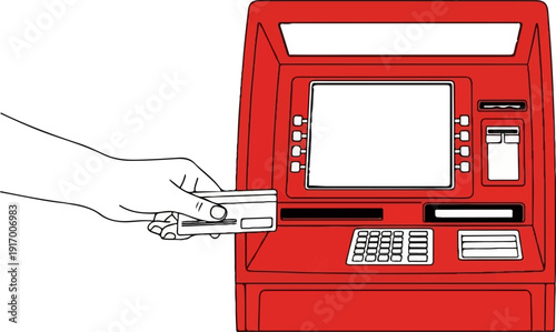 A hand inserts a credit card into a red ATM machine