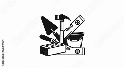 A collection of construction tools including a brick, trowel, hammer, bucket, and levels
