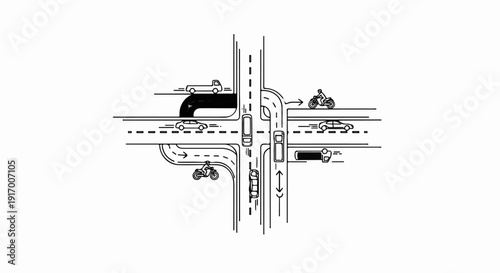 A busy intersection with cars, trucks, and motorcycles navigating various lanes and turns