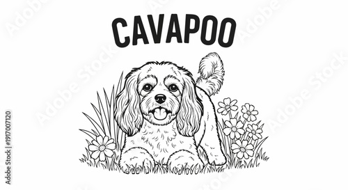 A playful dog sits in grass surrounded by flowers, text above