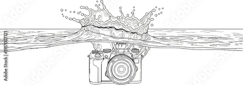 A camera plunges into water creating a large splash with droplets flying upward