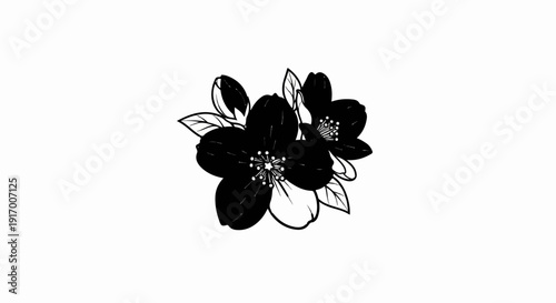 A minimalist black and white illustration of two blooming flowers with leaves