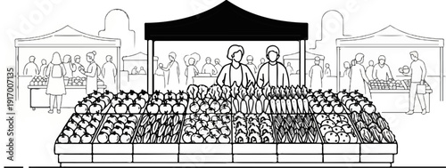 A busy open-air market with vendors selling fresh produce to shoppers