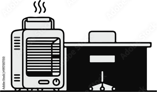 A portable heater emits steam next to a desk with a chair