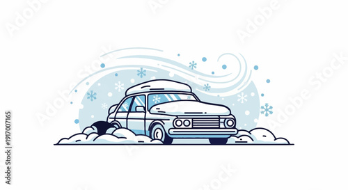 A car covered in snow struggles through a blizzard with a roof rack