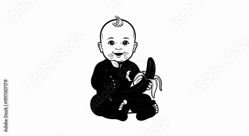 A cartoon baby in a dark outfit sits happily, holding a peeled banana