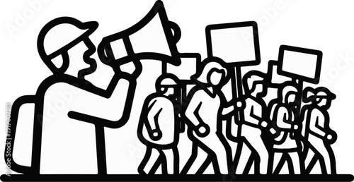 A protest march, with a leader holding a megaphone and followers carrying signs