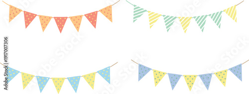 Colorful pennant banners, party decoration, festive flags, celebration decor, cheerful garlands, triangle bunting, event styling, playful patterns, joyful mood, vibrant colors, hanging flags