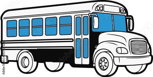 A cartoon drawing of a white school bus with blue tinted windows and doors