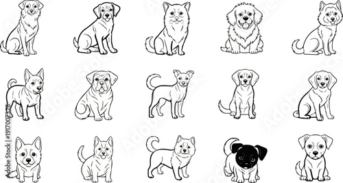 A collection of diverse dog breeds depicted in a simple line drawing style