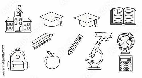 A collection of educational icons including a school building, caps, books, and supplies