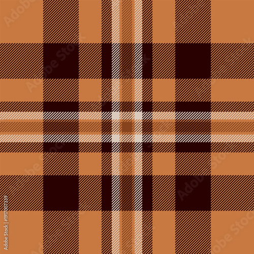 Post tartan texture textile, cute background plaid fabric. Multicolor check vector seamless pattern in orange and dark colors.