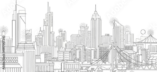 A detailed sketch of a city skyline with various architectural styles