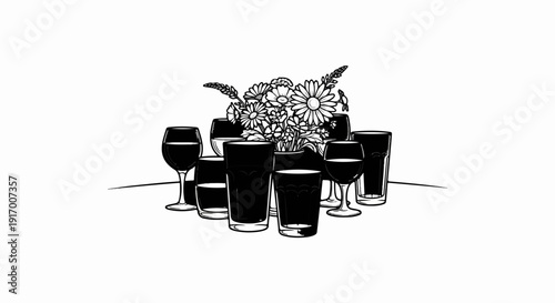 A collection of glasses and a floral arrangement on a table