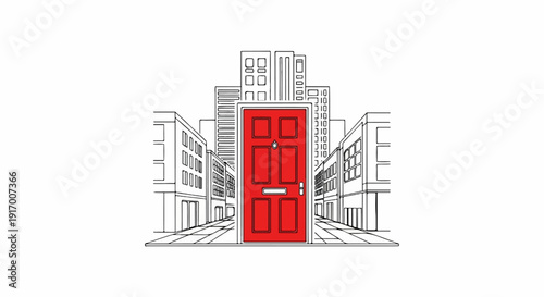 A red door stands out on a street lined with buildings