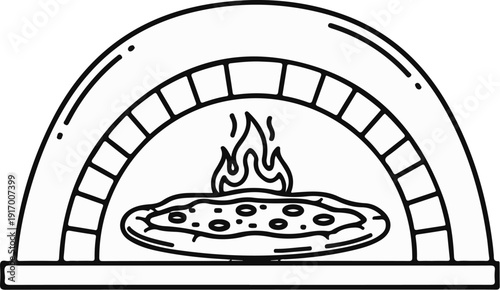 A cartoon of a pizza being cooked in a brick oven with flames
